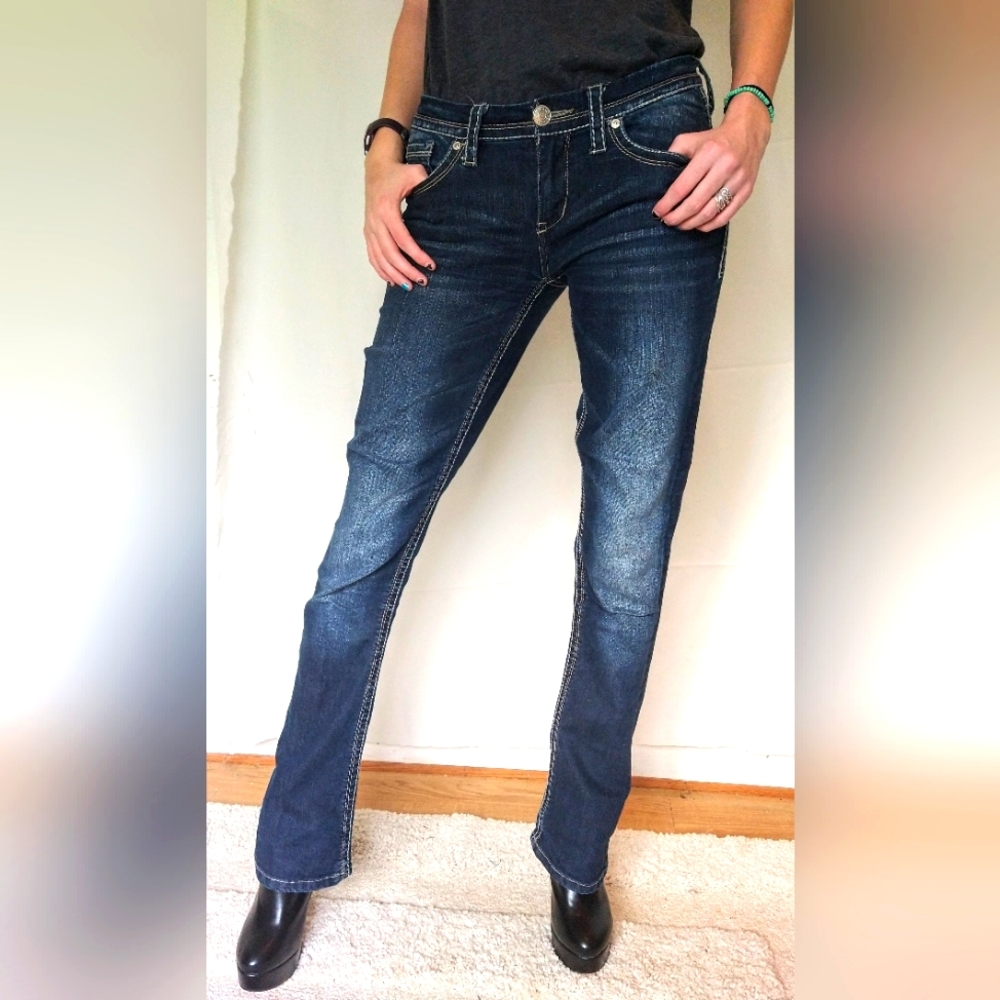 Seven7 Dark Distressed Denim Low Rise Flare Jeans 28